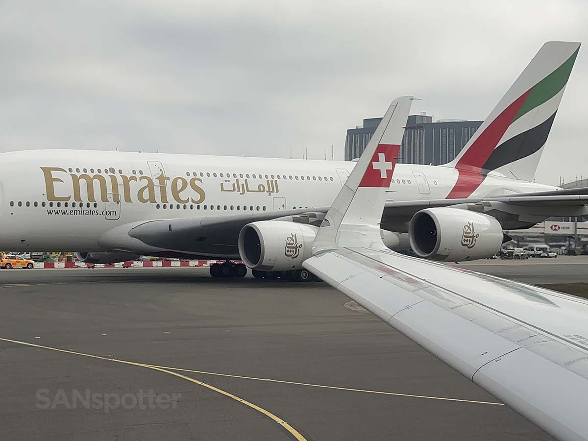 Passing by in Emirates A380 in a Swiss A320neo at LHR