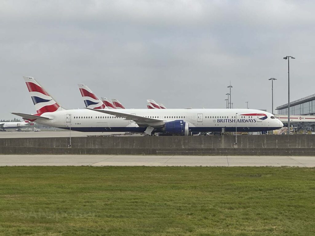 Passing by British Airways 787-9 parked at terminal 5 Heathrow Airport