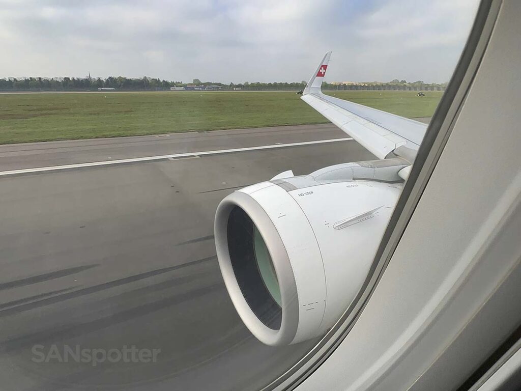 Swiss A320neo rolling down runway 09R at LHR for departure