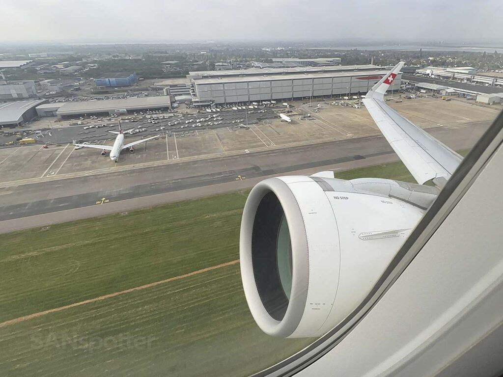 Swiss A320neo taking off from runway 09R at Heathrow airport