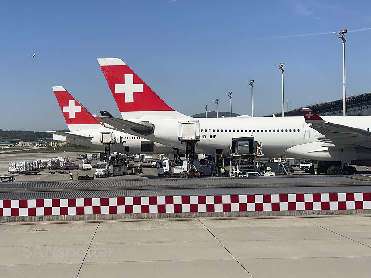 Passing by parked Swiss airlines aircraft during the taxi to the gate moments after arrival at Zürich airport