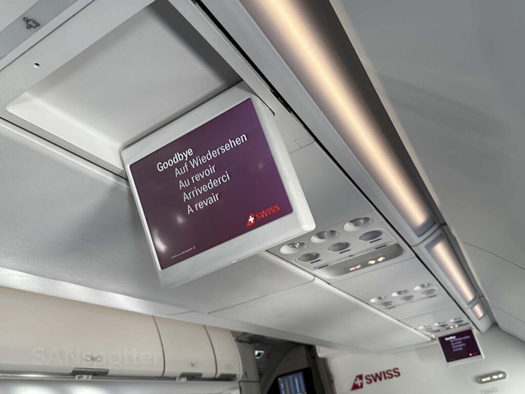 Goodbye message on the overhead displays in Swiss A320neo business class moments after arrival