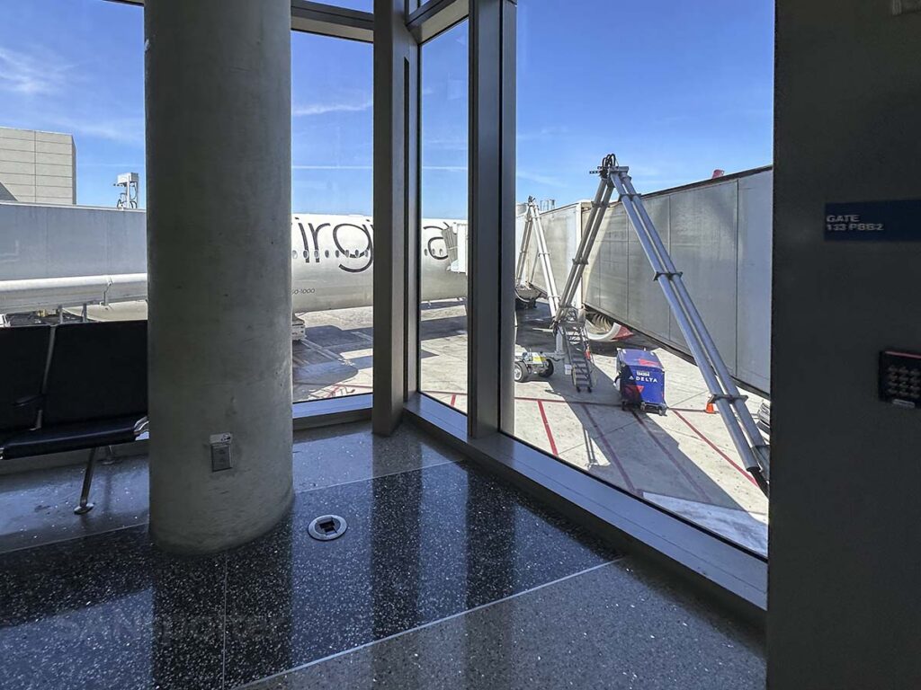 View of the Virgin Atlantic A350-1000 from the window from the jet bridge gate 133 LAX