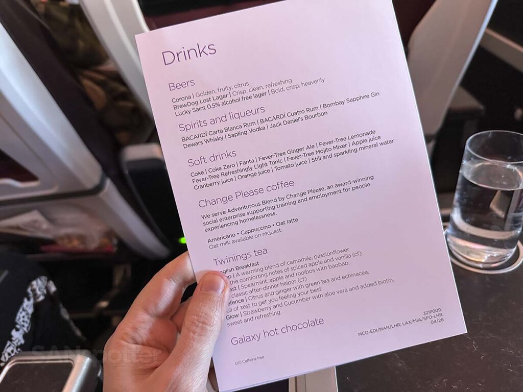 Virgin Atlantic A350-1000 Premium Economy drink menu