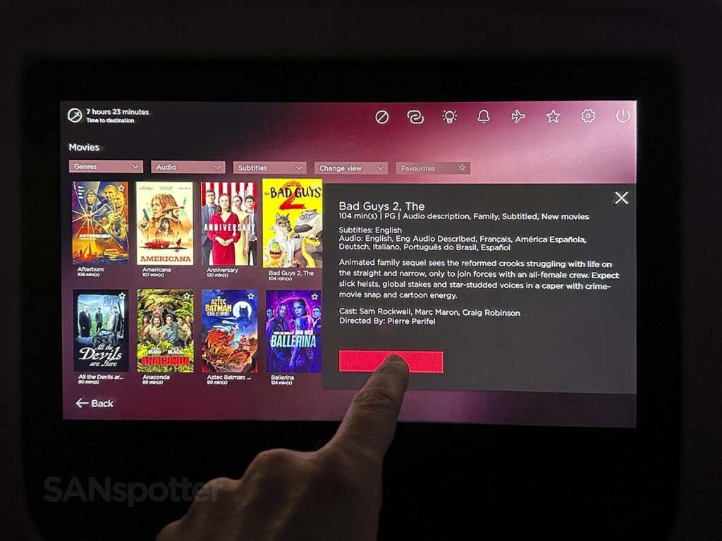 Virgin Atlantic A350-1000 Premium Economy in flight entertainment movie description screen