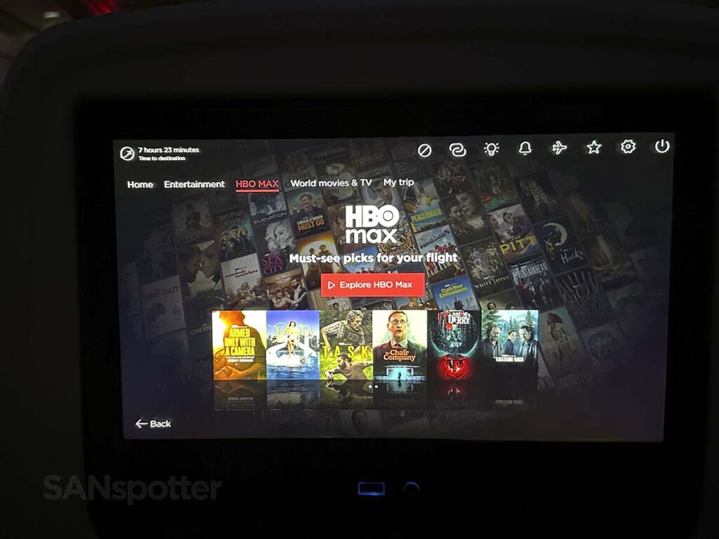 Virgin Atlantic A350-1000 Premium Economy in flight entertainment HBO Max menu