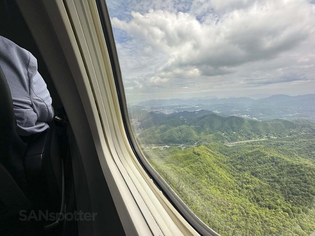 The view of the mountains surrounding Hiroshima just moments after taking off from runway 10 at HIJ
