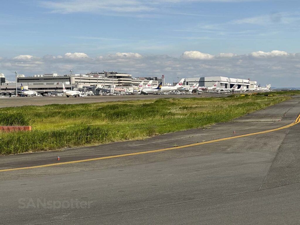 View of the main terminal at Haneda Airport just moments after landing on runway 34L