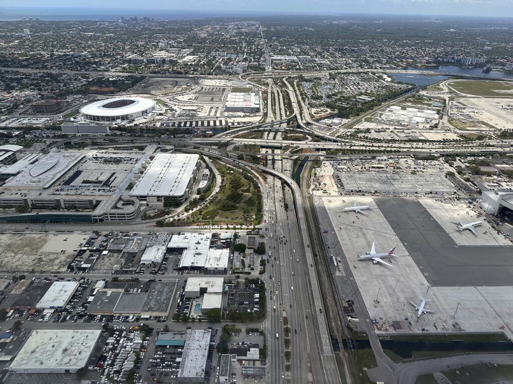 View of the surrounding area just moments after taking off from runway 8R at the Miami International Airport