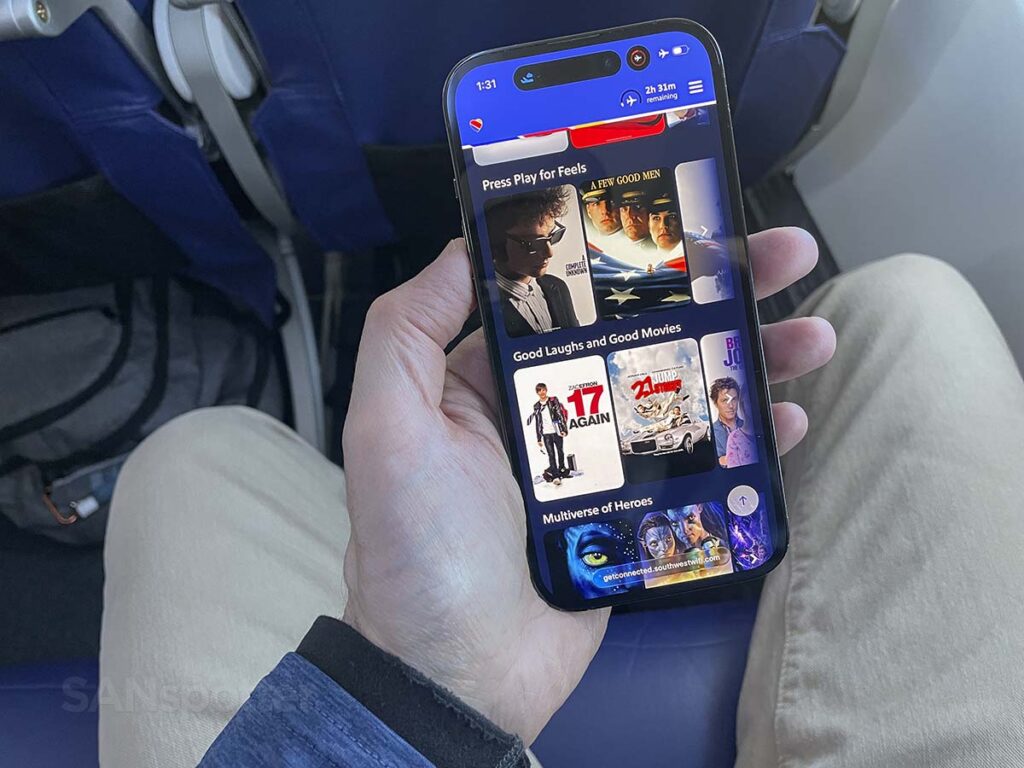 Southwest Airlines 737 MAX 8 in flight entertainment movies menu