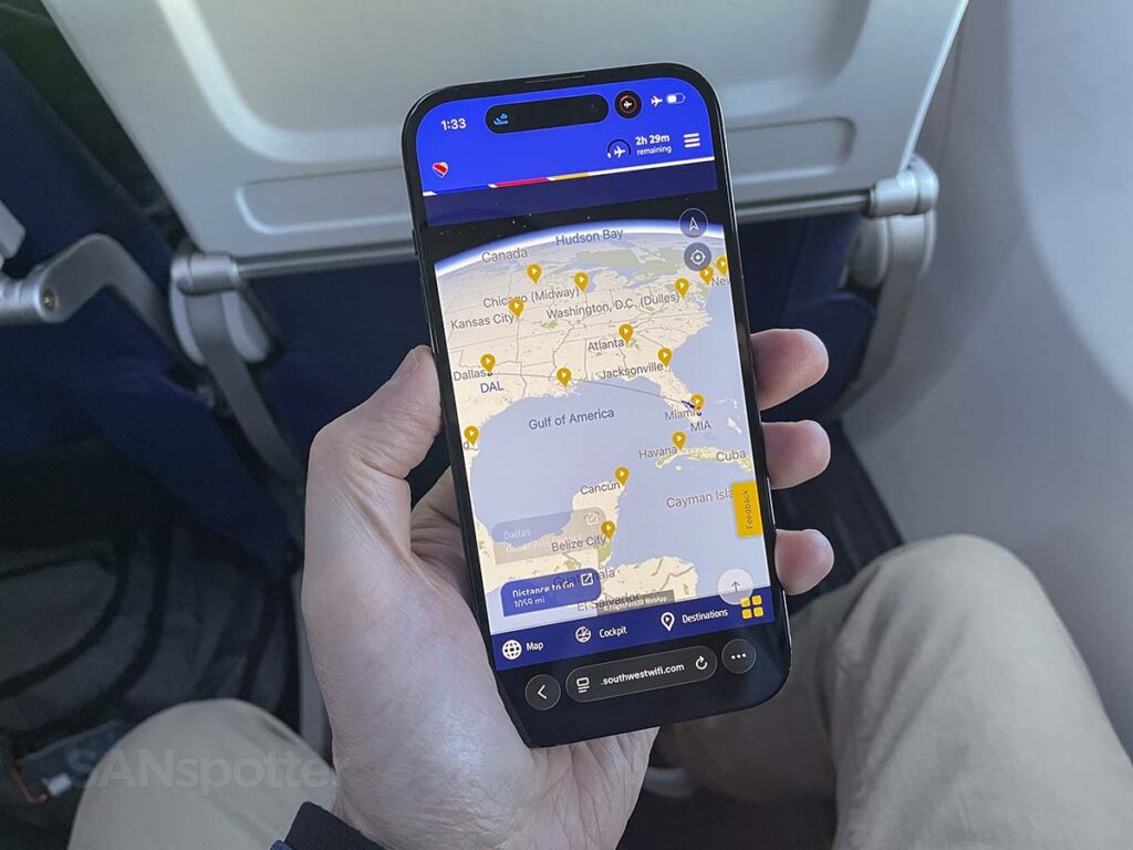 Southwest Airlines 737 MAX 8 in flight entertainment moving map screen