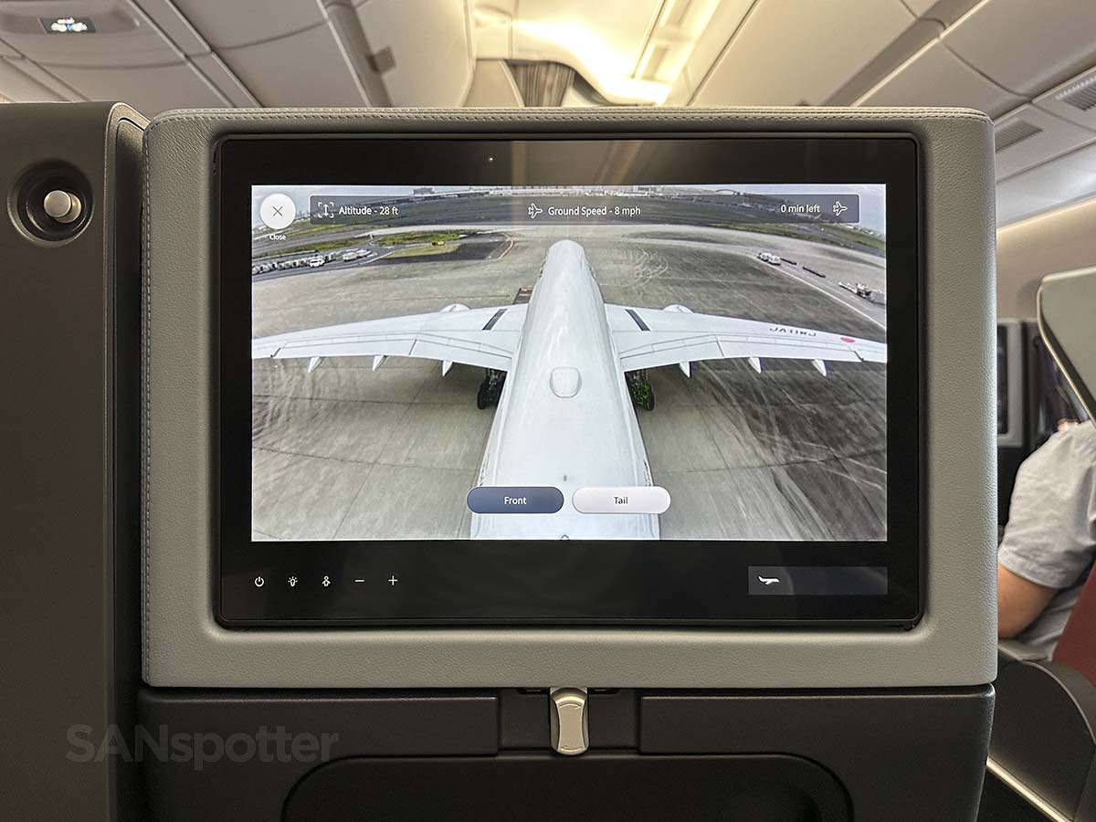 Watching the tail camera on the video screen while taxing to the runway in JAL A350-1000 Premium Economy