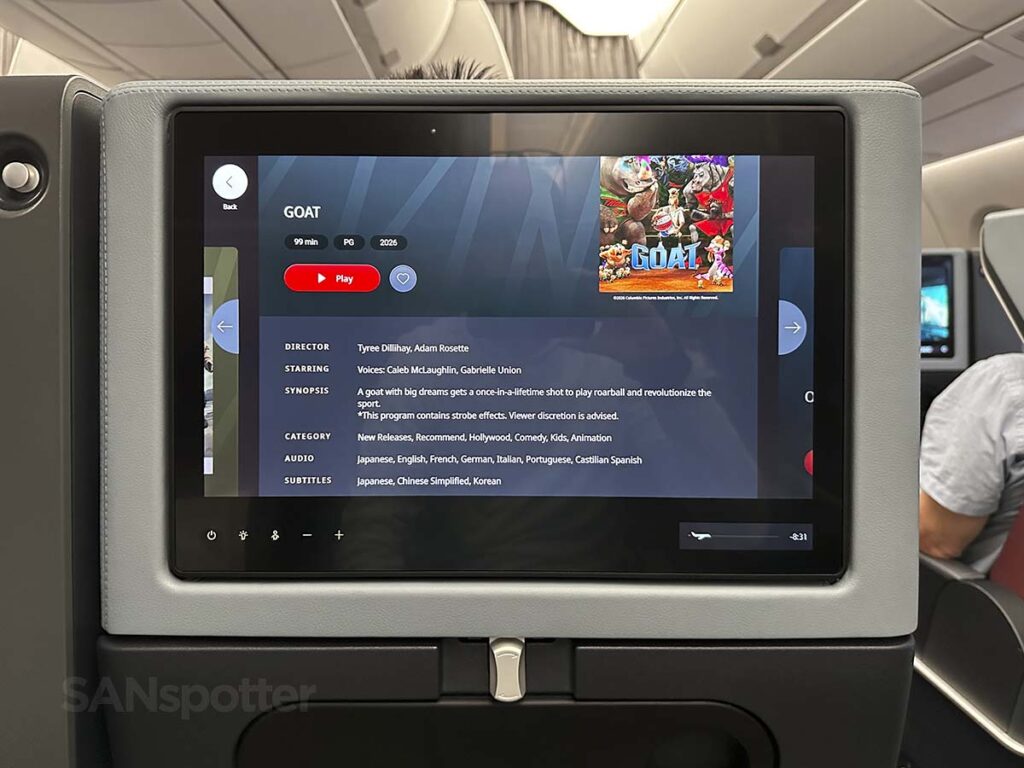 Movie details screen on the in flight entertainment system in JAL A350-1000 Premium Economy