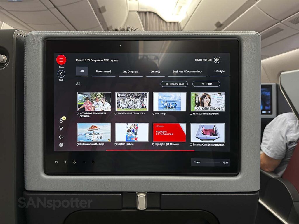 TV show menu in the in flight entertainment system in JAL A350-1000 Premium Economy
