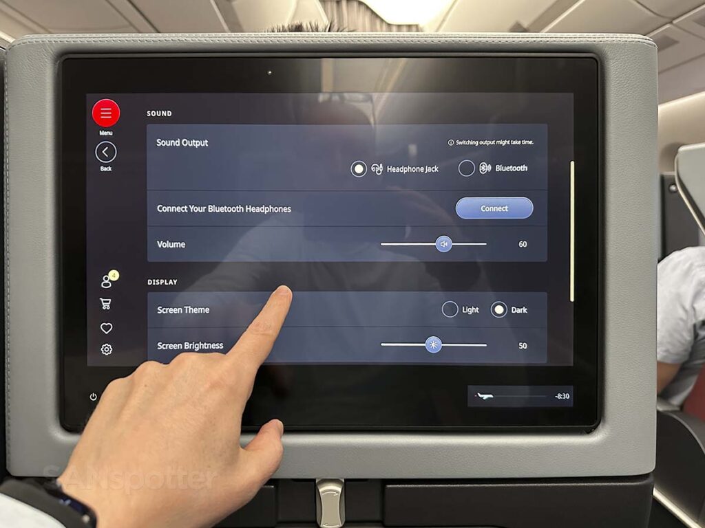 Settings screen on in flight entertainment system in JAL A350-1000 Premium Economy