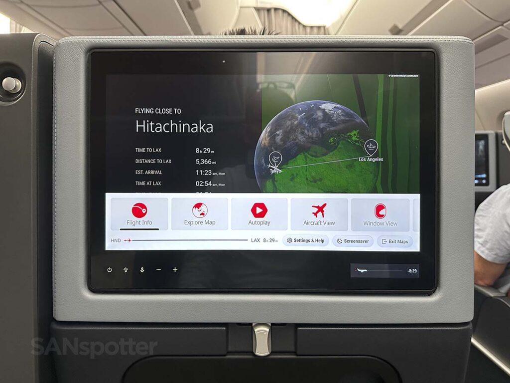 World map screen in flight entertainment system in JAL A350-1000 Premium Economy