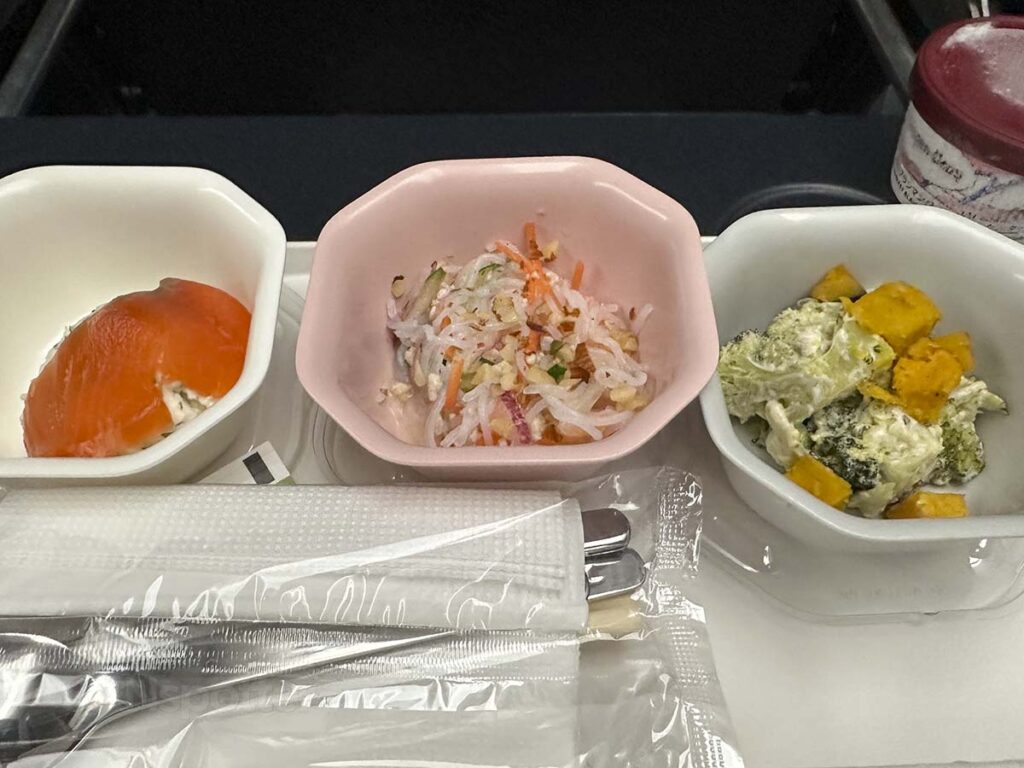 Japanese side dishes served with my meal in JAL A350-1000 Premium Economy