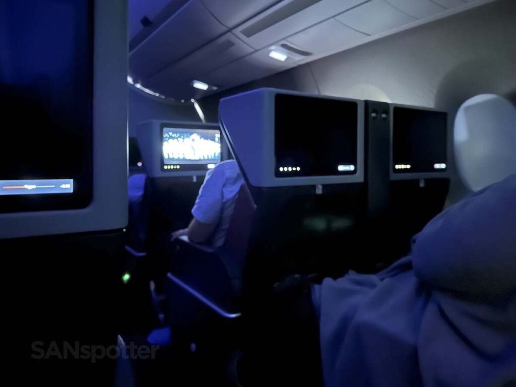 JAL A350-1000 Premium Economy with the cabin lights off