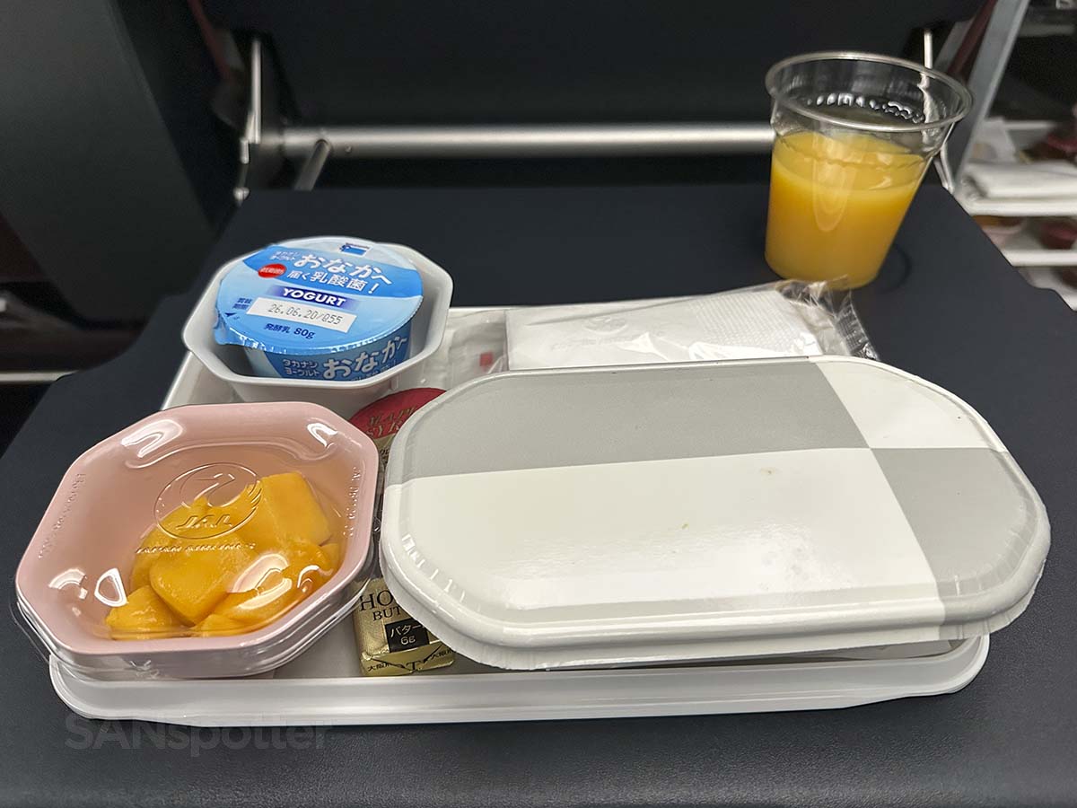 JAL A350-1000 Premium Economy breakfast tray with orange juice