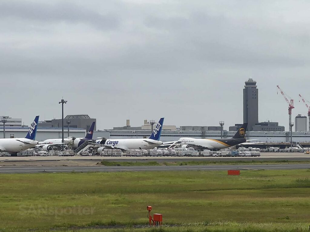 View of the cargo ramp with UPS and ANA cargo aircraft at NRT