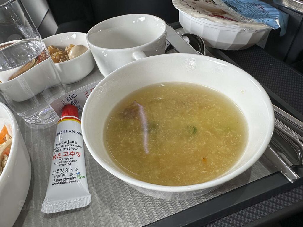 Korean Air A321neo business class hot soup that came with my Bibimbap lunch