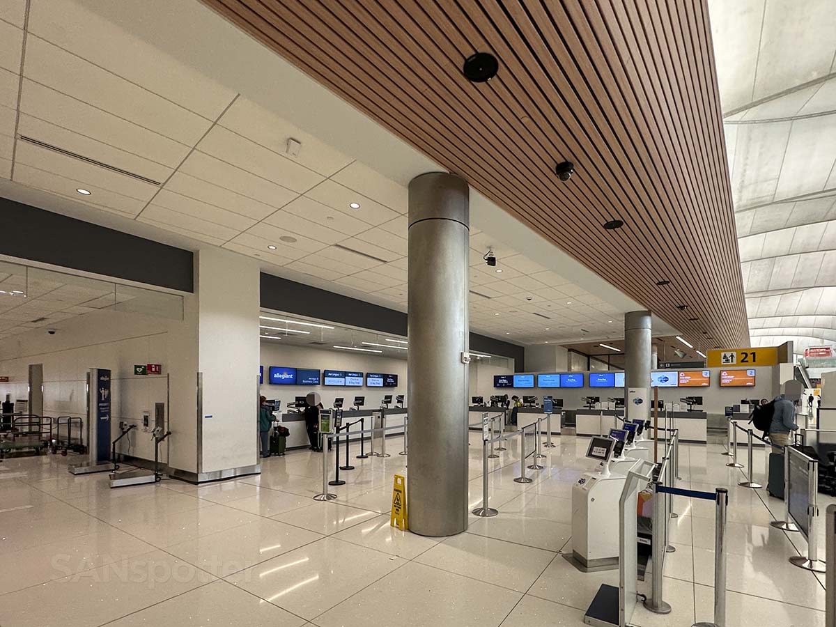 Baggage drop and check in area for Alaska Airlines, Allegiant Air, Aer Lingus, and JetBlue at the Denver international airport
