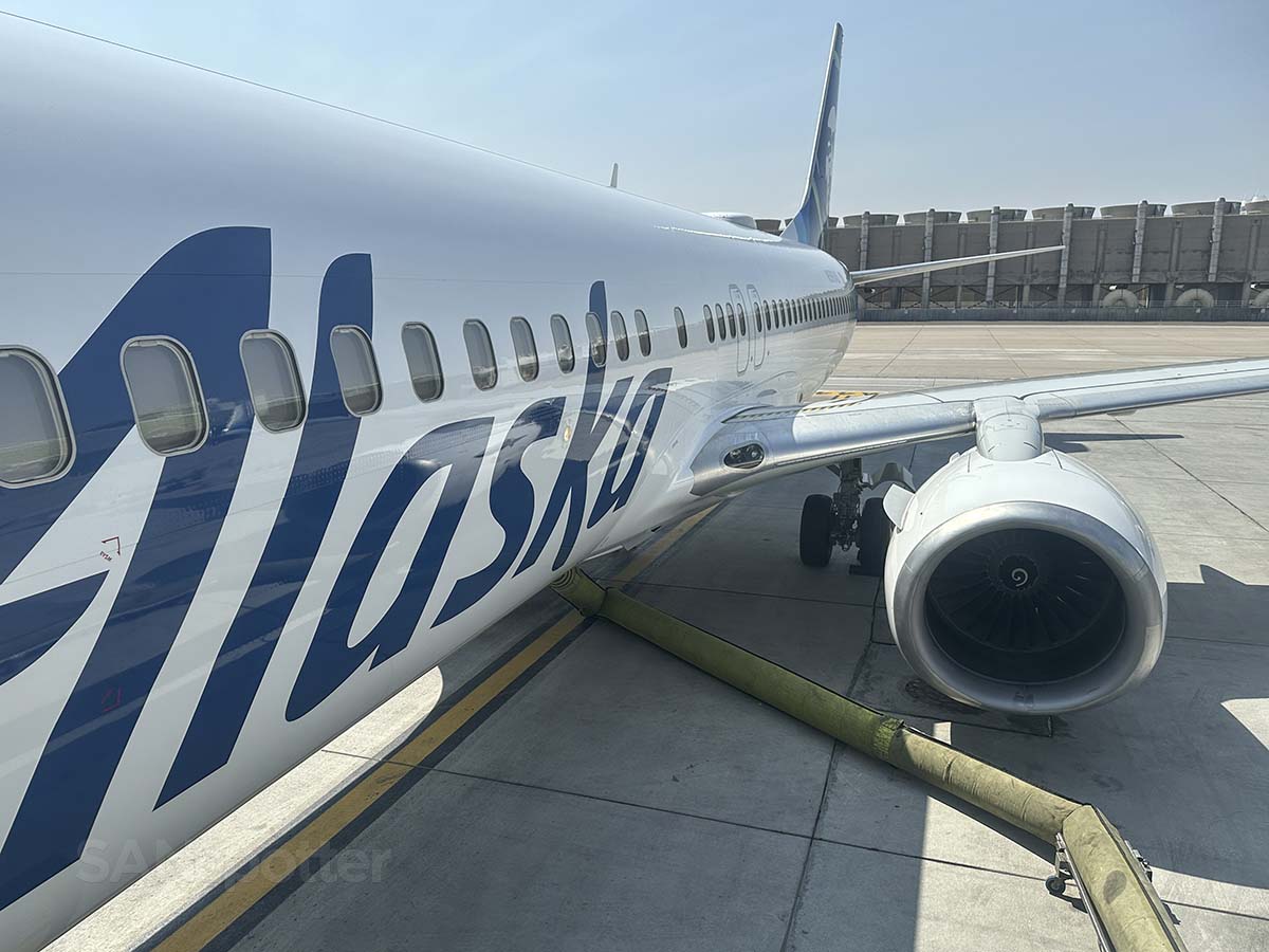 Getting a close-up look at the Alaska Airlines 737-800 just moments before stepping inside the forward boarding door