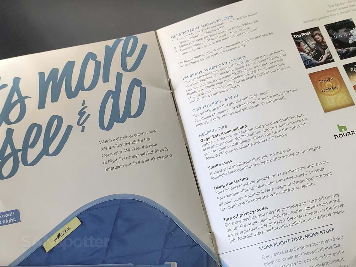 In-flight entertainment brochure in alaska airlines 737-800 first class December 2018