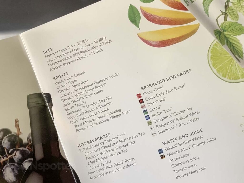 Alaska Airlines first class drink menu December 2018