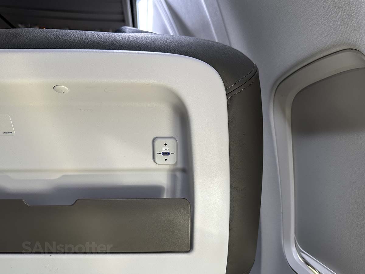 USB-C charging port in the seatback of Alaska Airlines 737-800 first class