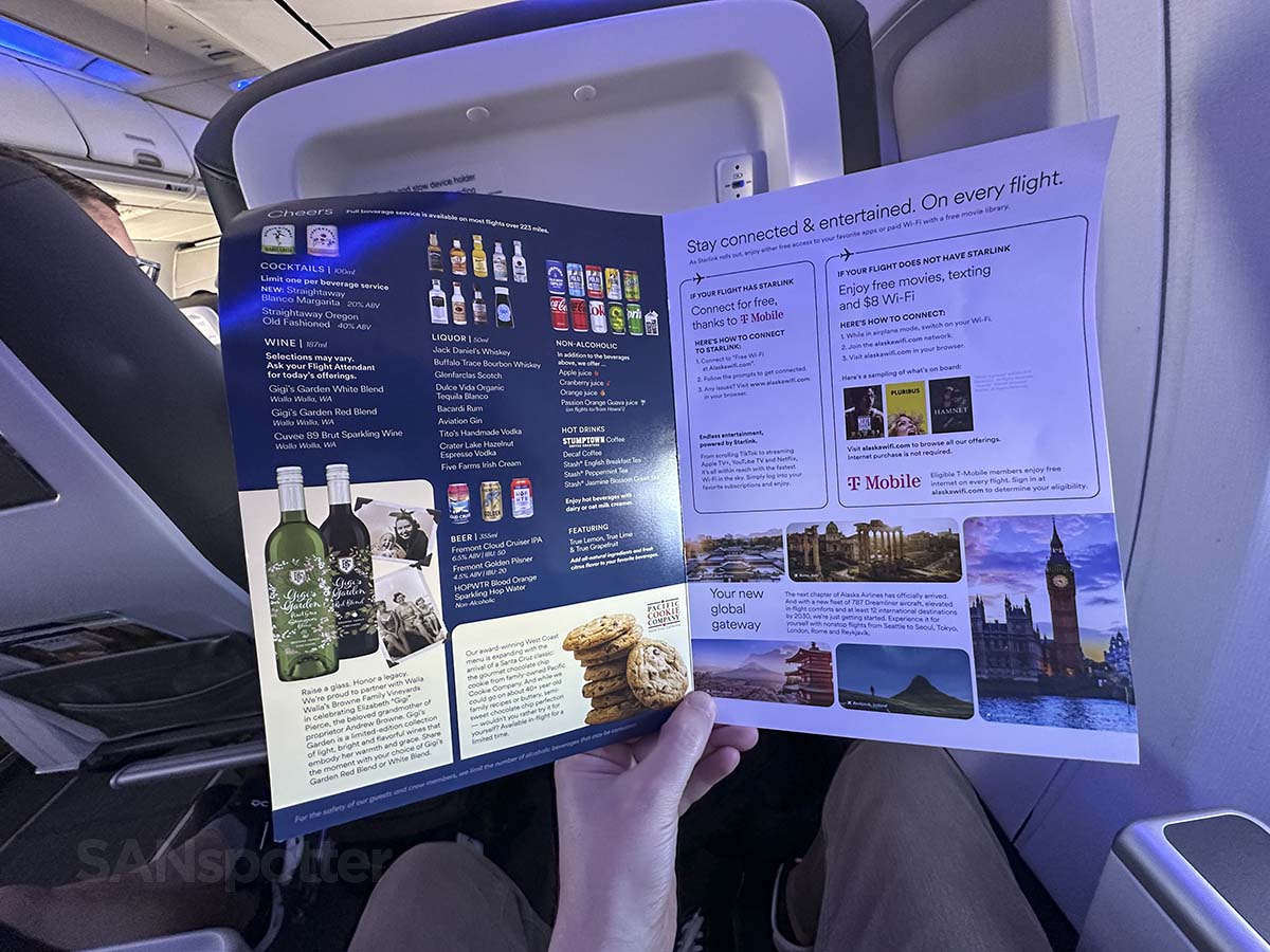 Alaska Airlines 737-800 first class in flight drink and snack menu