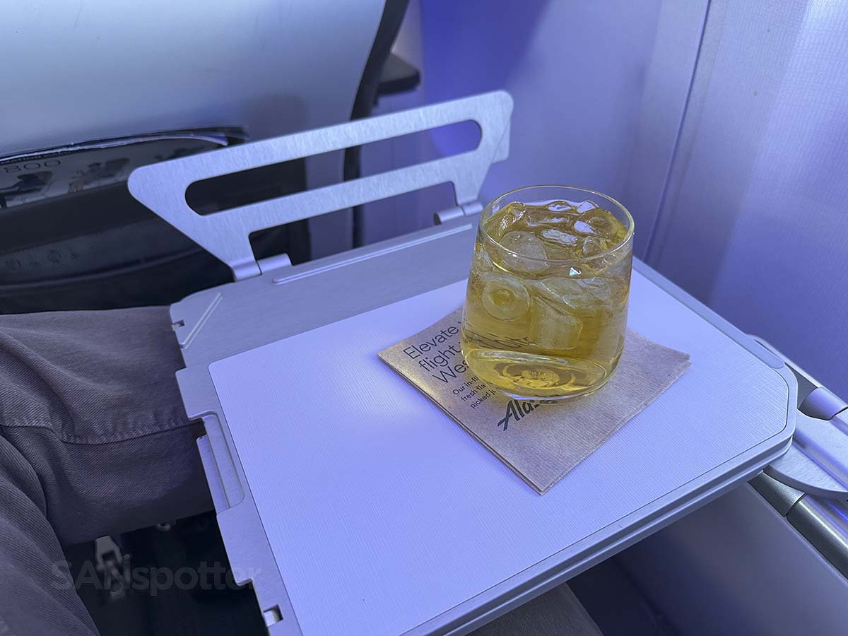 Alaska Airlines 737-800 first class tree table with device holder