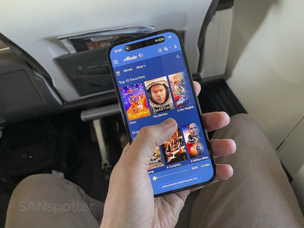 Alaska Airlines 737-800 first class inflate entertainment movies menu