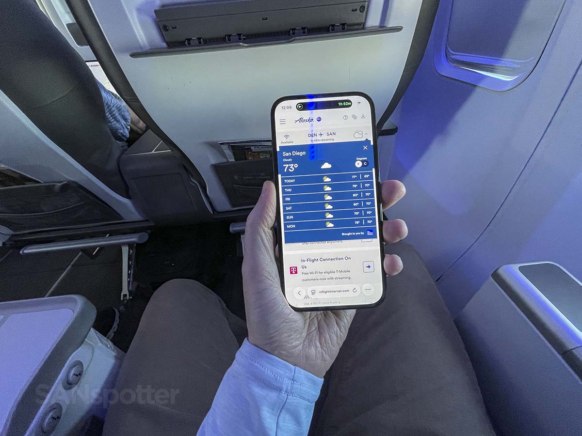 Alaska Airlines 737-800 first class in flight entertainment destination weather screen