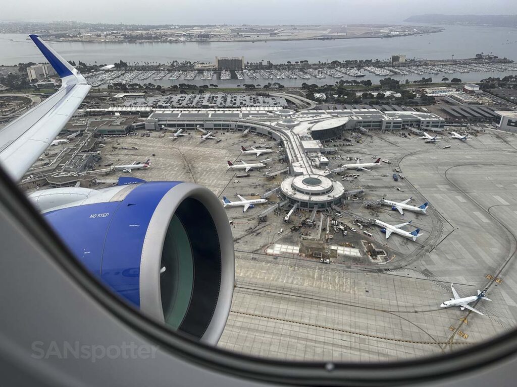 United A321neo taking off from the San Diego airport over top of terminal 2