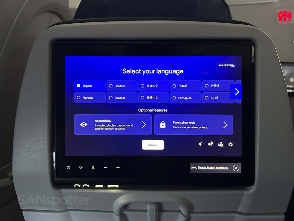 United A321neo Economy Plus in flight entertainment language selection screen