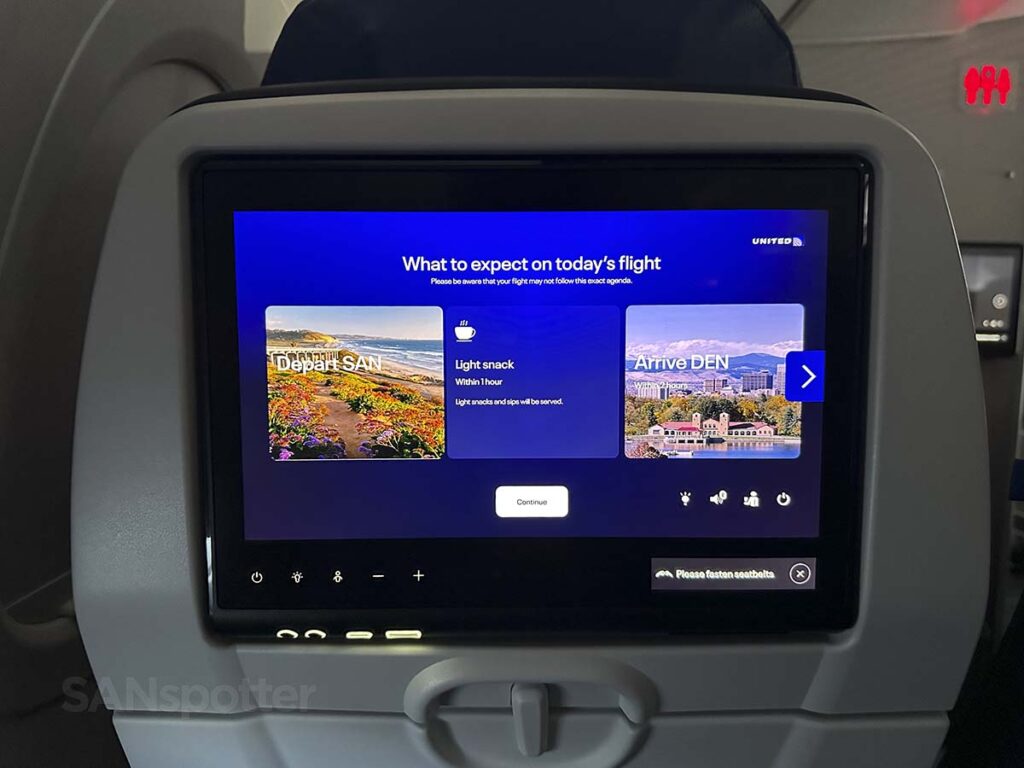 United A321neo Economy Plus in flight entertainment screen that explains what to expect on today's flight