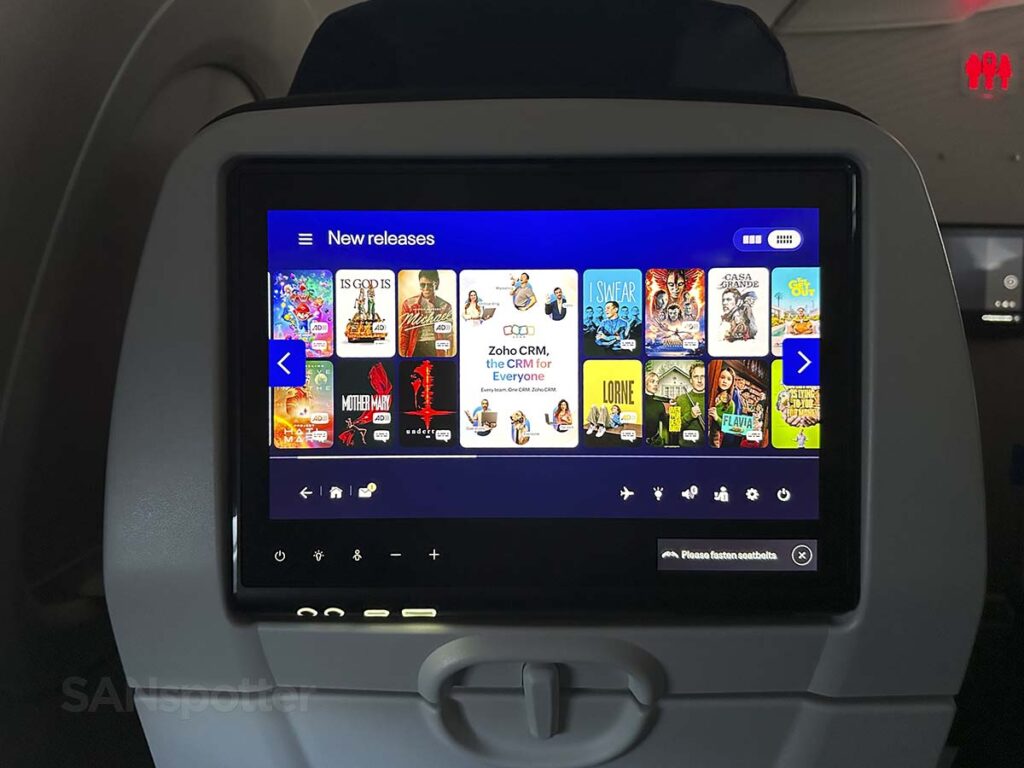 United A321neo Economy Plus in flight entertainment new releases screen