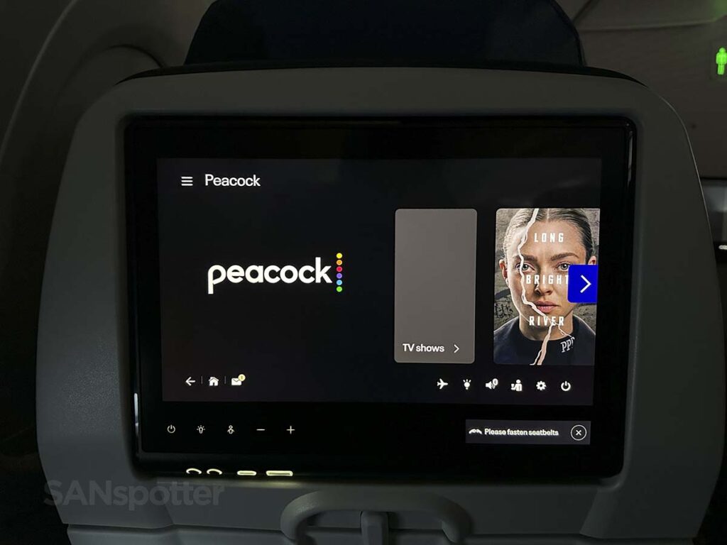 United A321neo Economy Plus in flight entertainment Peacock main menu