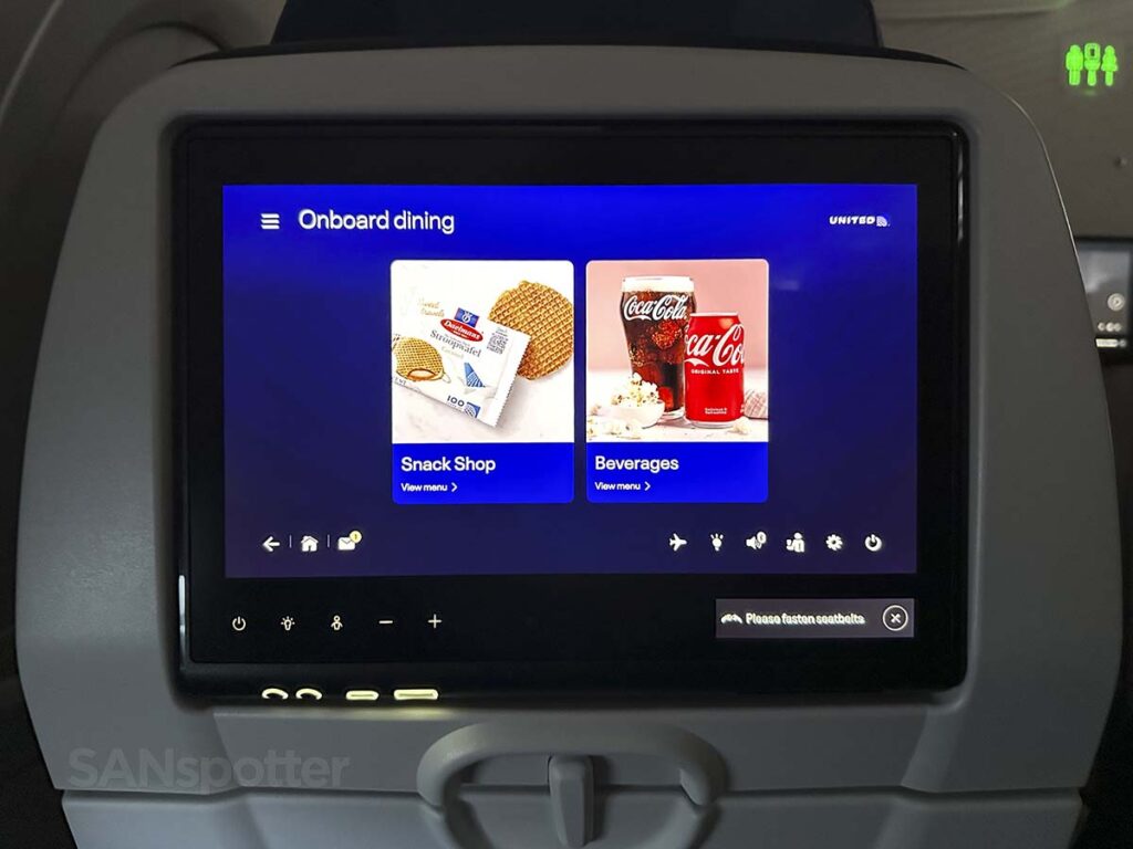 United A321neo Economy Plus in flight entertainment onboard dining menu screen