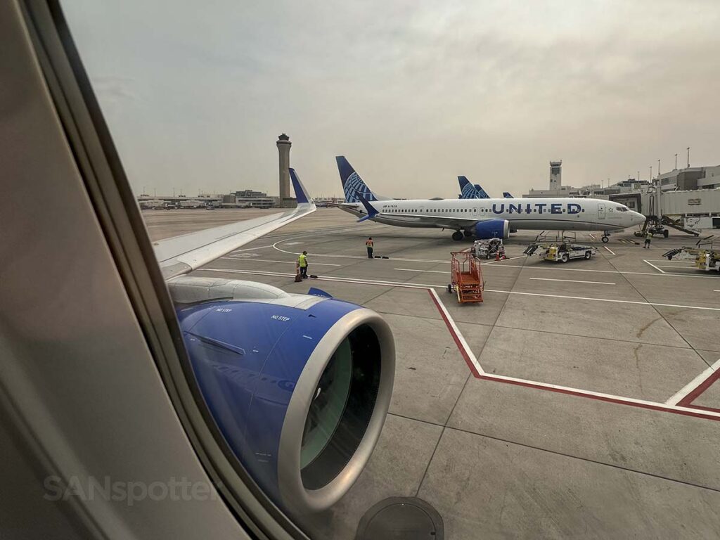 Looking at the window of a United A321neo while pulling up to concourse B Denver International Airport