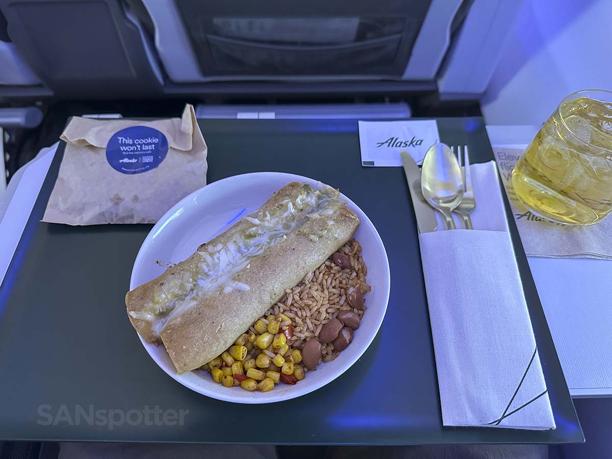 Alaska Airlines 737-800 first class chicken enchilada meal