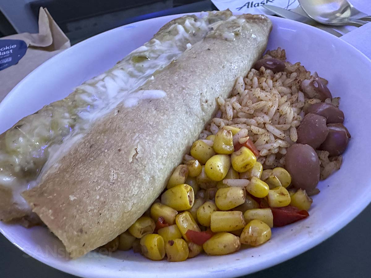 Alaska Airlines 737-800 first class chicken enchiladas entrée