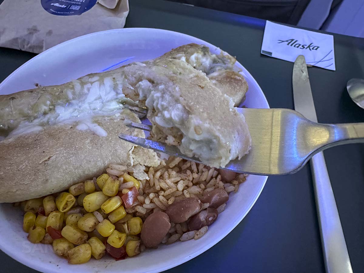 Close-up of my chicken enchiladas served in Alaska Airlines 737-800 first clas