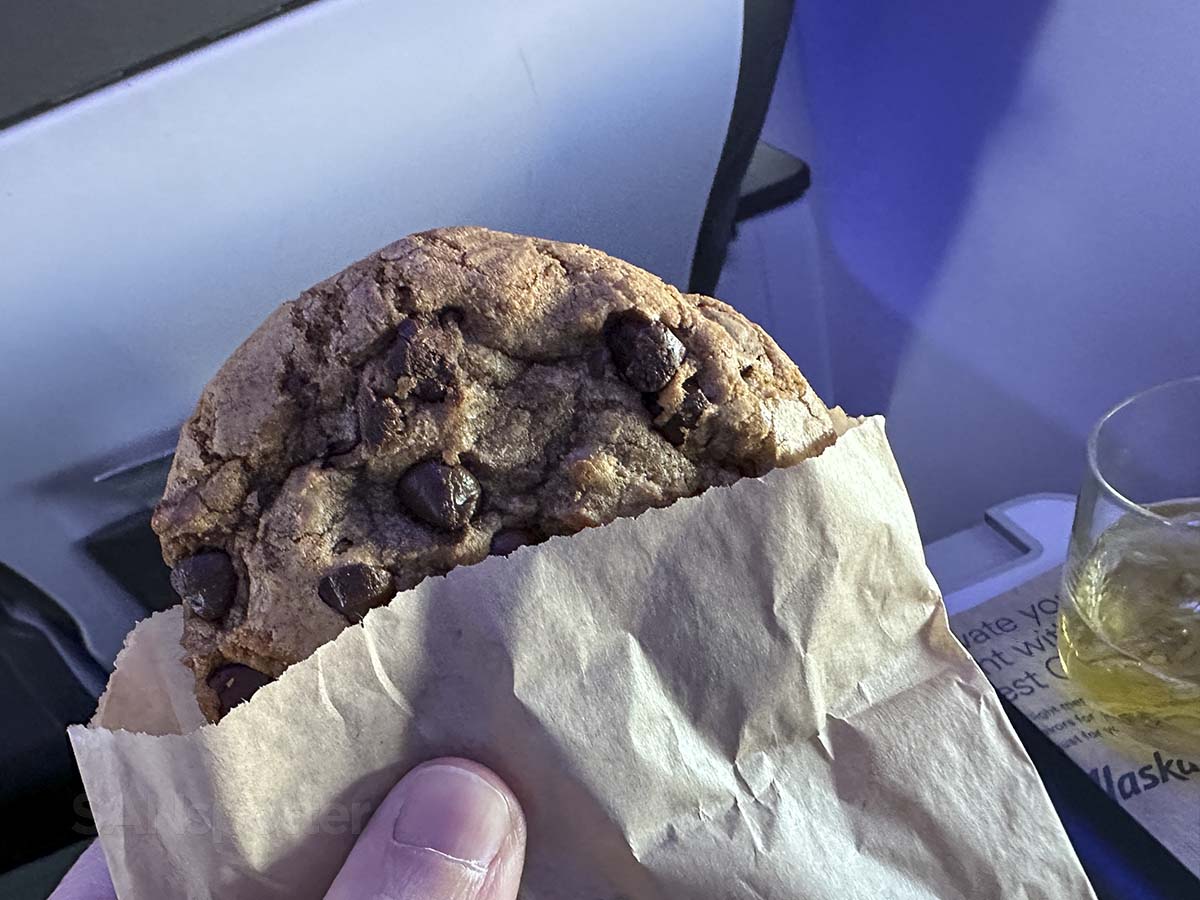 Fresh chocolate chip cookie served in Alaska Airlines 737-800 first class