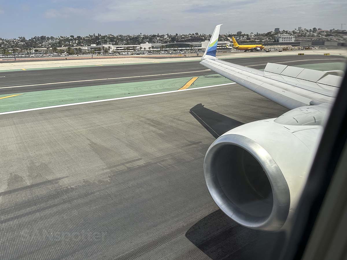 Looking out the window of an Alaska Airlines 737-800 just moments after touching down on runway 27 at SAN