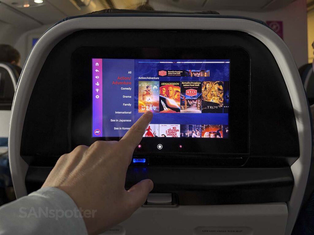 Hawaiian Airlines A330-200 Extra Comfort in-flight entertainment movie selection screen