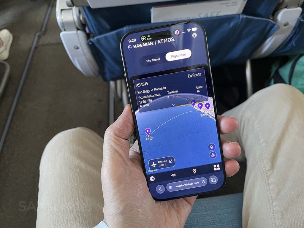 Hawaiian Airlines A330-200 Extra Comfort streaming in flight entertainment map screen as viewed on my iPhone
