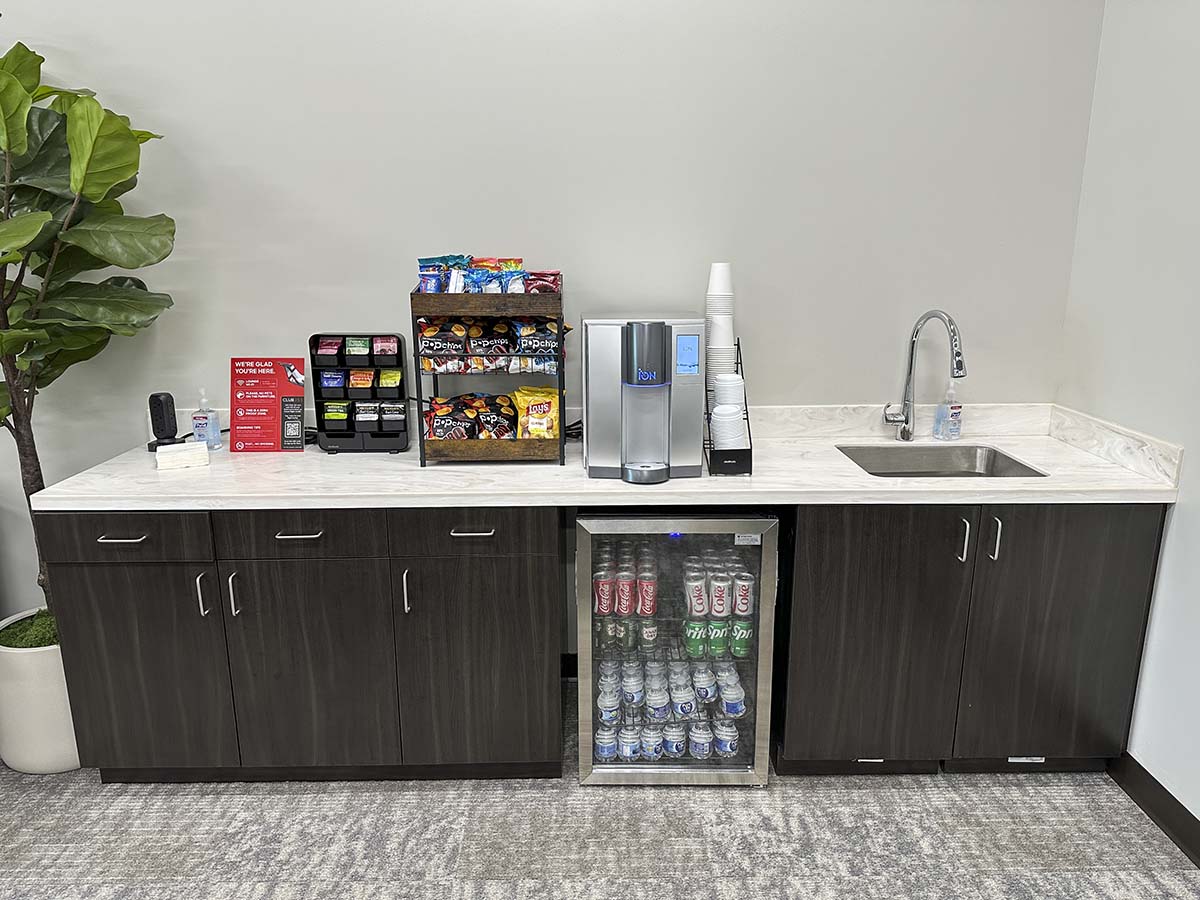 Free snacks and drinks in the JSX waiting lounge at the Carlsbad Jet Center at the McClellan-Palomar Airport