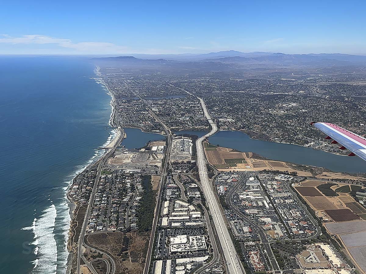 View of Carlsbad just moments after taking off from runway 24 at the McClellan-Palomar Airport in a JSX Embraer 145